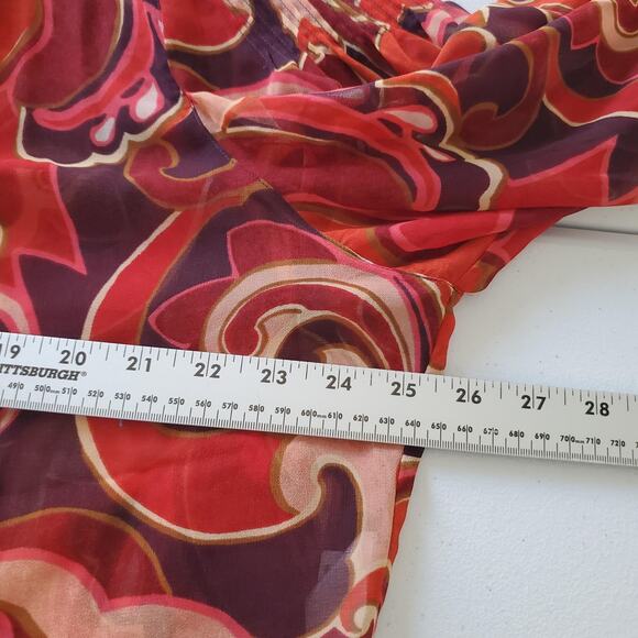 Chico's Shirt Womens 20 Red Multicolor Sheer Long Sleeve Button Cuff Boho Blouse - Picture 7 of 9